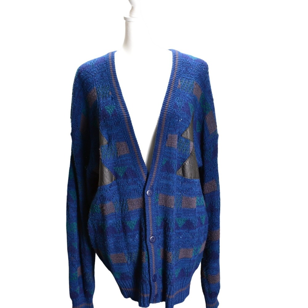 Vintage Impact Mens Blue Green Plaid Geometric Leather‎ Trim Cardigan Sweater XL